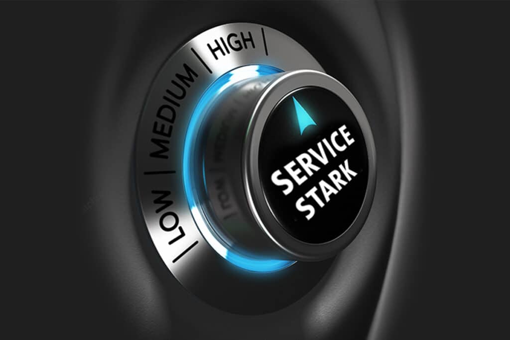 Drehschalter mit Anzeige 'Service stark' auf höchster Einstellung – Symbol für den herausragenden Service der LBS Immobilien GmbH Süd.